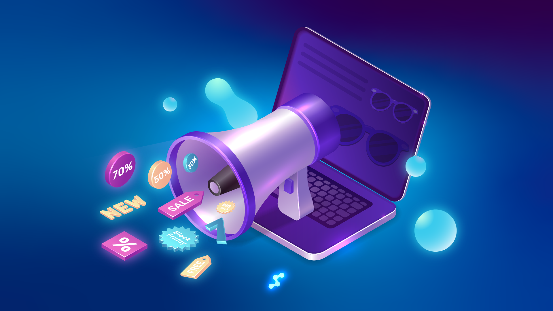 Megafón a notebook s ponukami, zľavami a novinkami znázorňujúce účinnú online marketingovú komunikáciu.