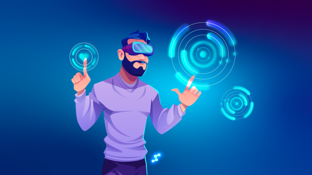 Man using smart glasses with futuristic interface