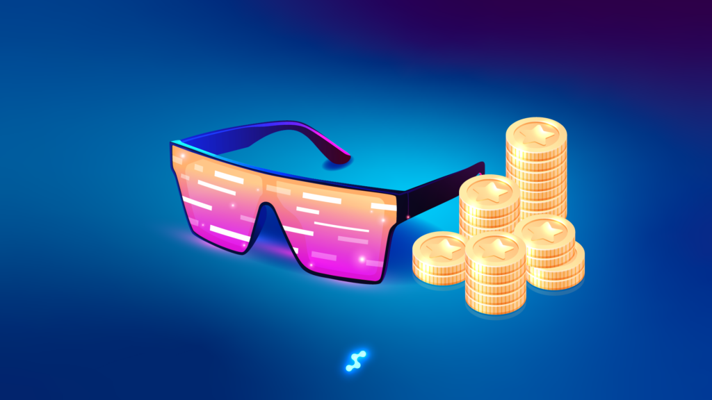 Futuristic smart glasses with coins representing digital economy