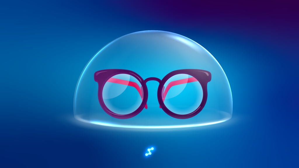 Ochelari protejați sub un dom de sticlă, simbolizând siguranța și valoarea adăugată oferită de asigurarea gratuită pentru ochelari în magazinele de optică.