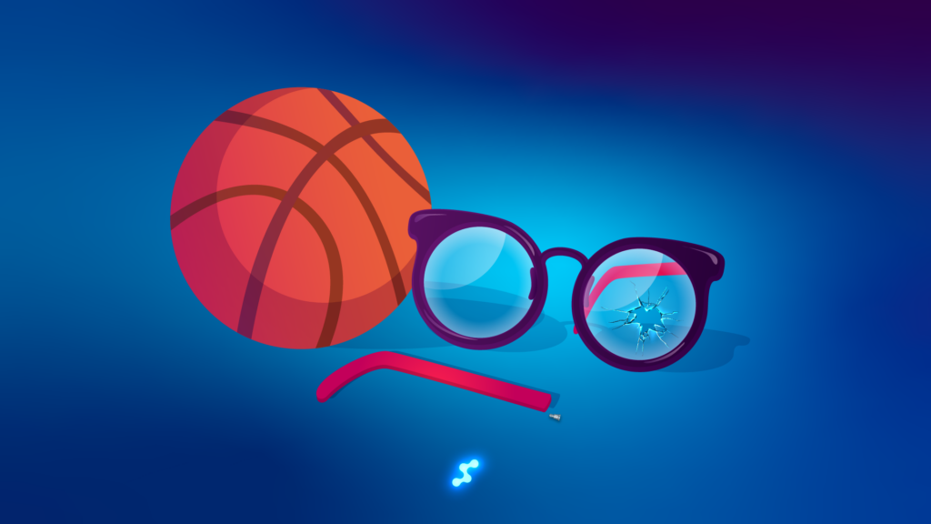 Broken glasses hit by a basketball, illustrating common accidents and the value of offering eyewear insurance instead of discounts in optical retail.