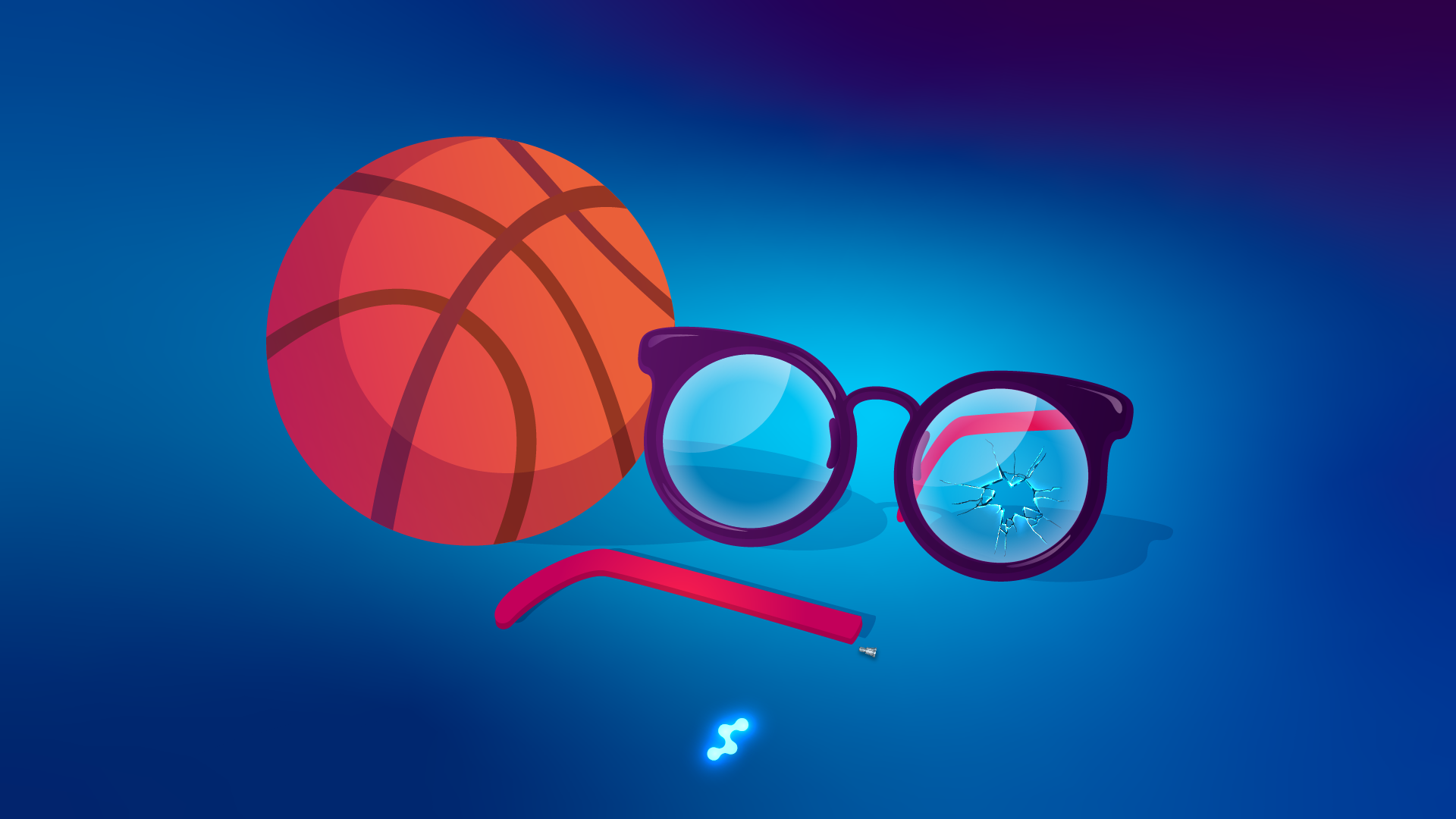 Broken glasses hit by a basketball, illustrating common accidents and the value of offering eyewear insurance instead of discounts in optical retail.