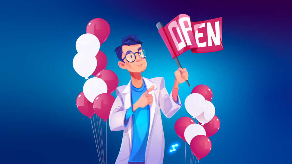Optyk świętujący otwarcie nowego sklepu optycznego z balonami i flagą „OPEN”.