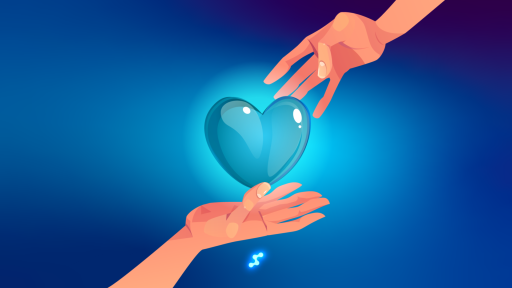 Ilustración simbólica del apoyo a la comunidad, con una mano que pasa un corazón brillante a otra, lo que representa el impacto de las ópticas independientes.