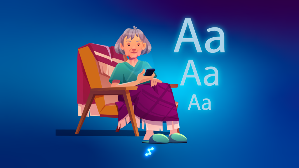 Senior woman using a smartphone without glasses, highlighting aging eyes and digital accessibility.