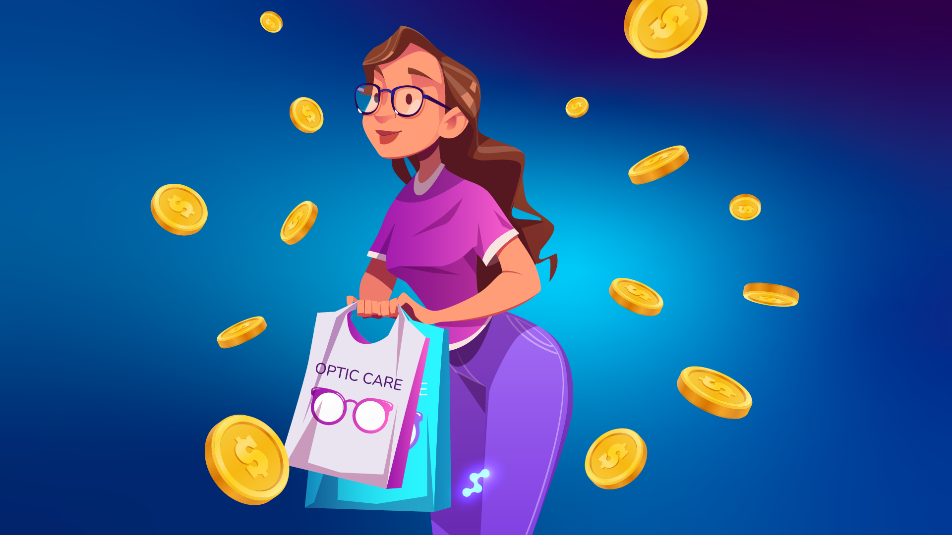 Customer wearing glasses holding optic store bags, symbolizing affordable vision care