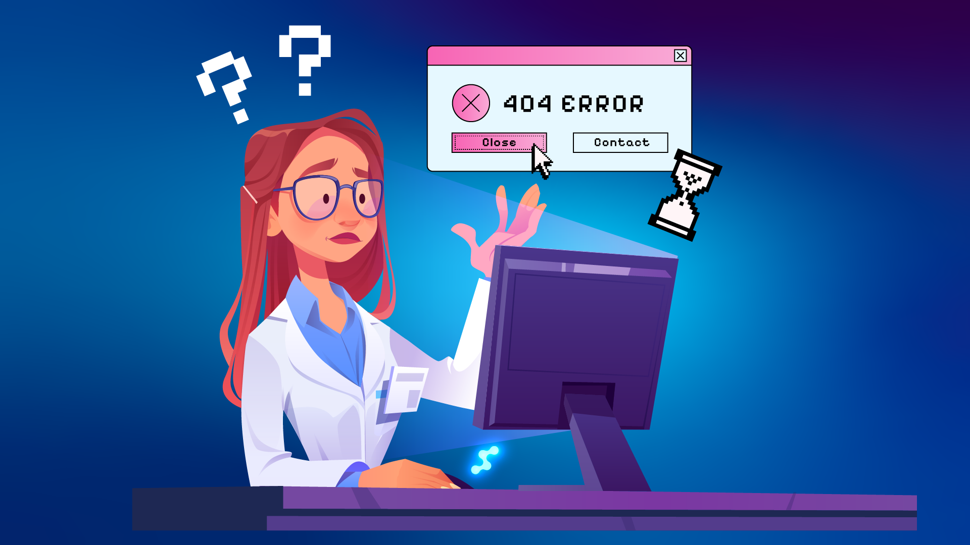 Illustration of a frustrated woman in glasses facing a technical issue, with a 404 error pop-up window on her monitor and symbols of confusion and delay around her.