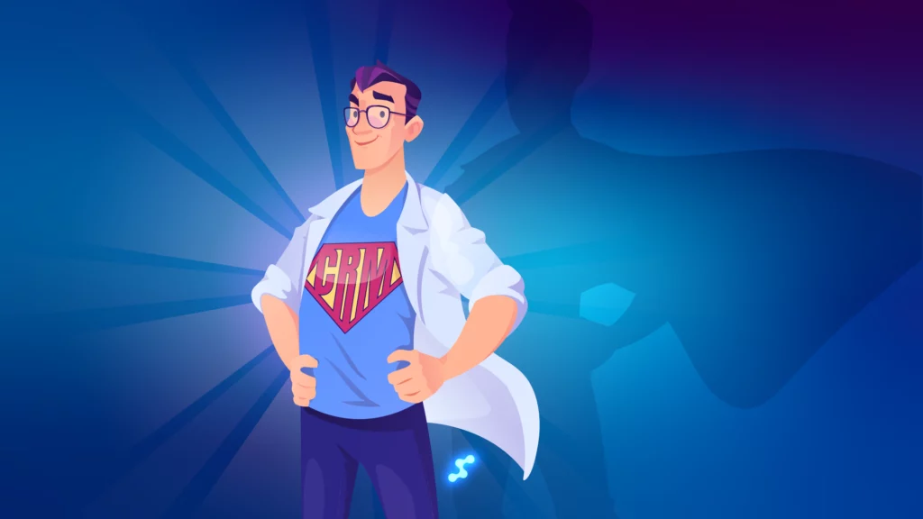 CRM superhero wearing a lab coat and glasses, standing confidently with a cape shadow behind