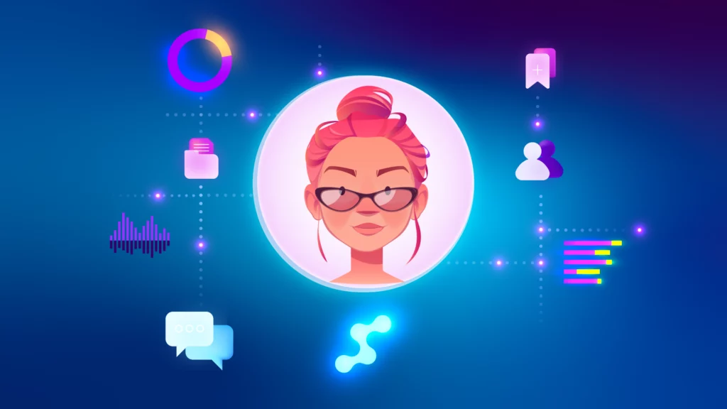 Ilustración de una usuaria de CRM con gafas rodeada de iconos de datos y comunicación.