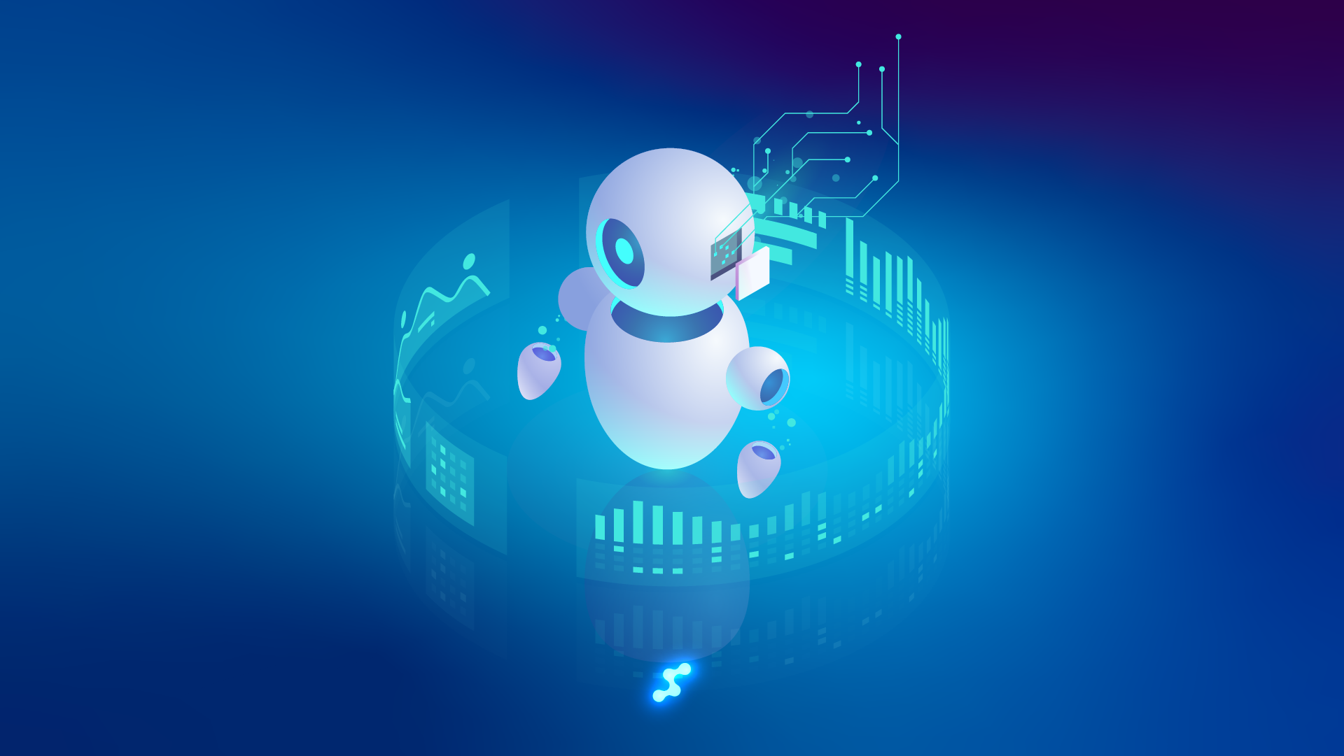 white, rounded robot character with blue glowing eyes floating in a digital environment surrounded by blue and teal circuit patterns.