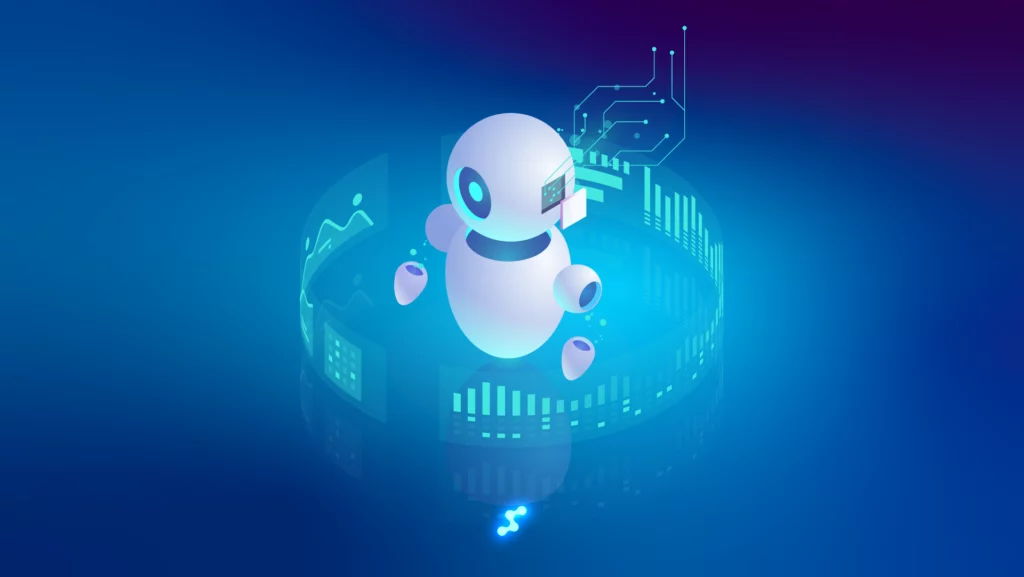 Ilustrație stilizată 3D a unui robot sferic alb și drăguț, cu ochi strălucitori de culoare cyan și brațe detașabile, care plutește în interiorul unui inel luminos format din diagrame holografice, grafice liniare și trasee de circuite, totul pe un fundal cu un gradient de culoare albastru intens spre violet.