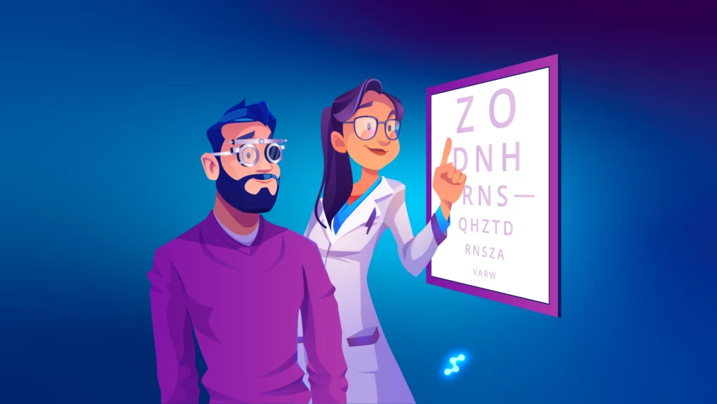 Ochi doctor examinând un pacient cu barbă care poartă ochelari în timpul unui examen oftalmologic, cu un tabel oftalmologic standard vizibil în fundal.