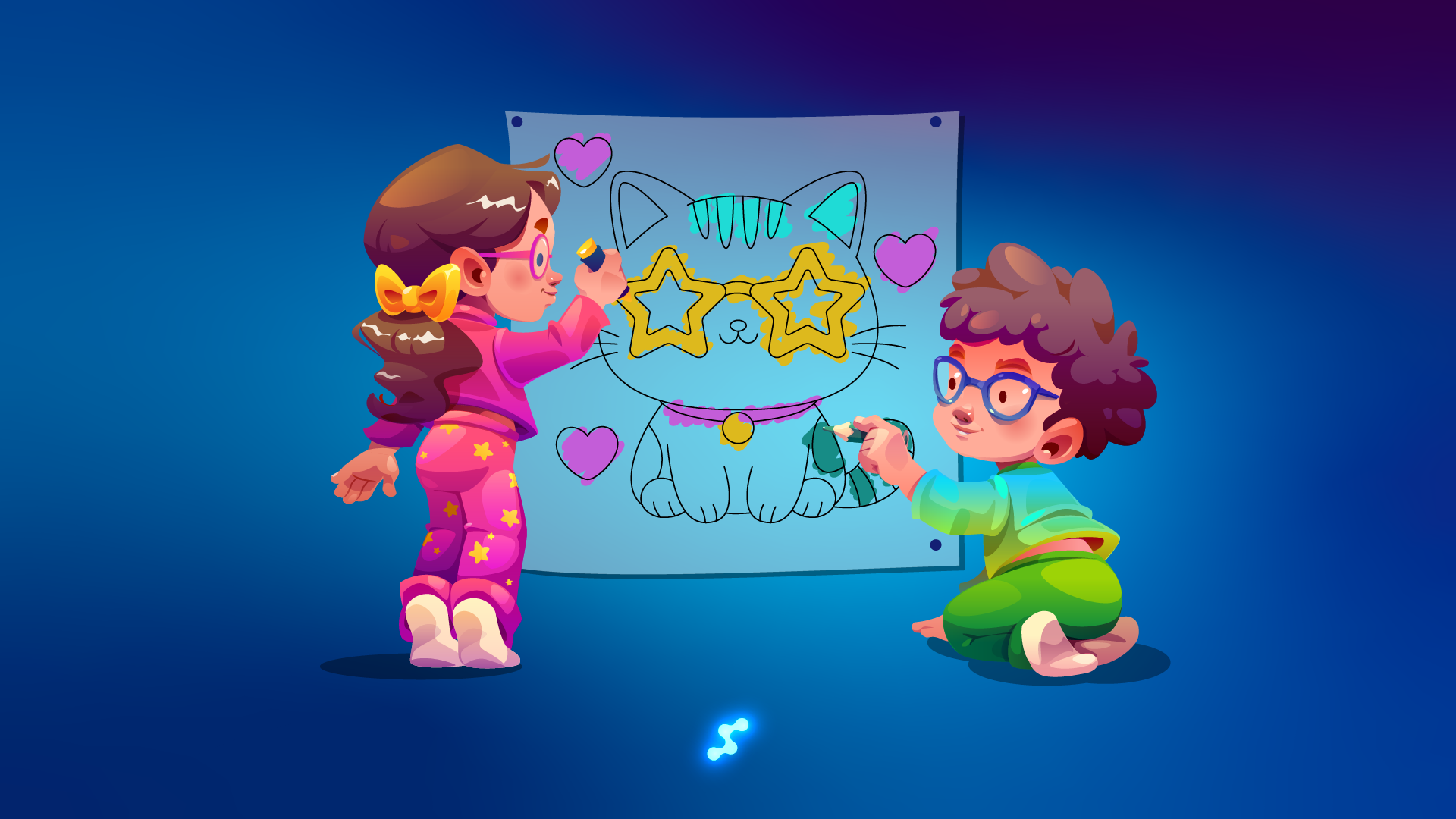 Two kids color a big drawing of a cat with star-shaped glasses and hearts.