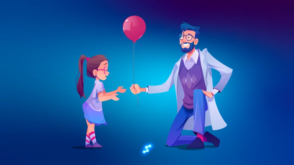 Un hombre con bata de laboratorio se arrodilla y le da un globo rojo a una niña con un vestido.