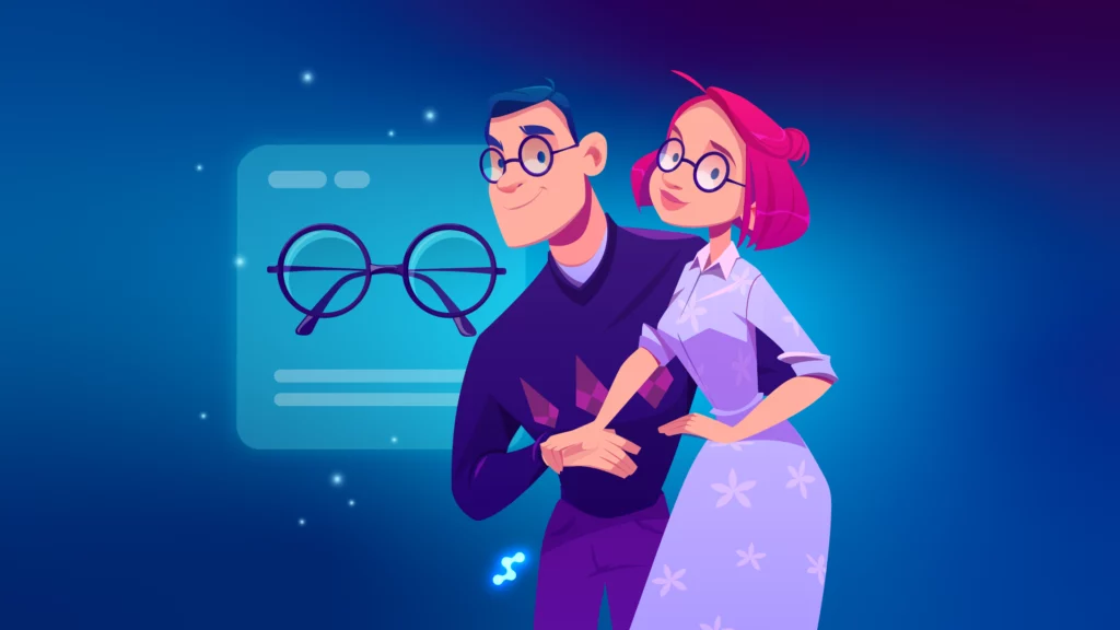 Cartoon-Paar mit runden Brillen und einer Informationskarte über die Brille im Hintergrund.