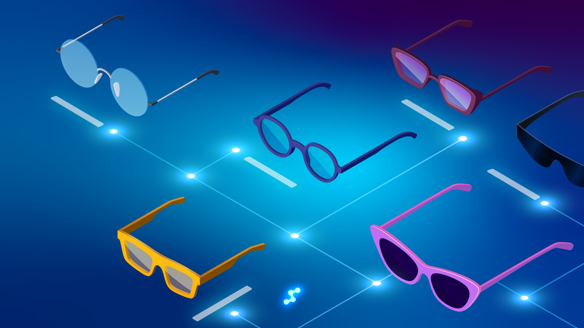 Illustration of various eyeglass frames on a digital blue background.