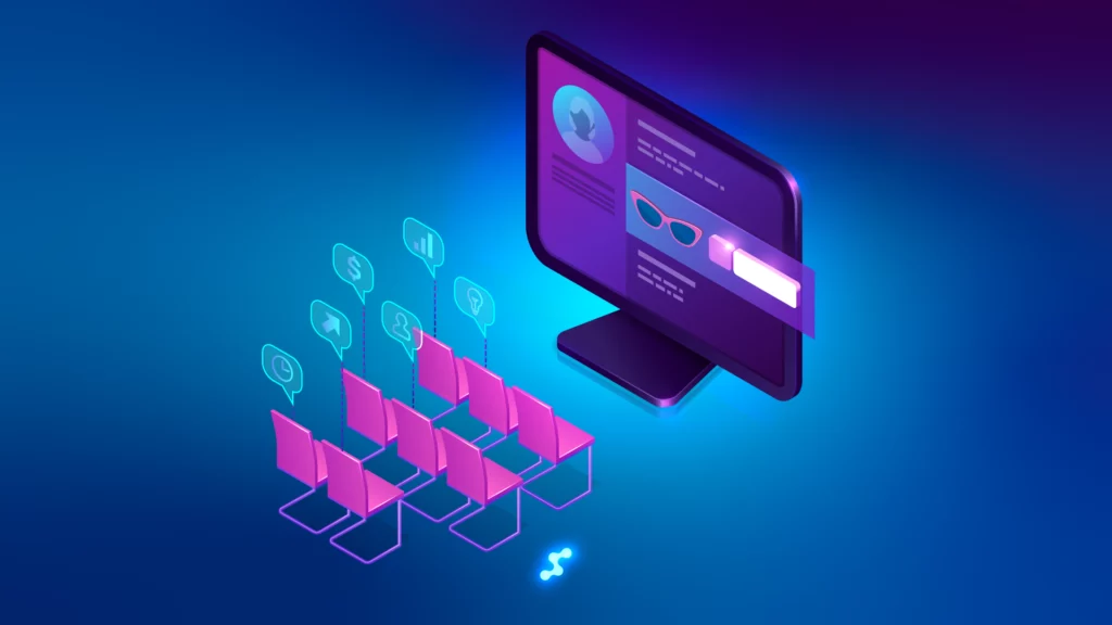 Seminário marketing digital isométrico com público e interface e-commerce