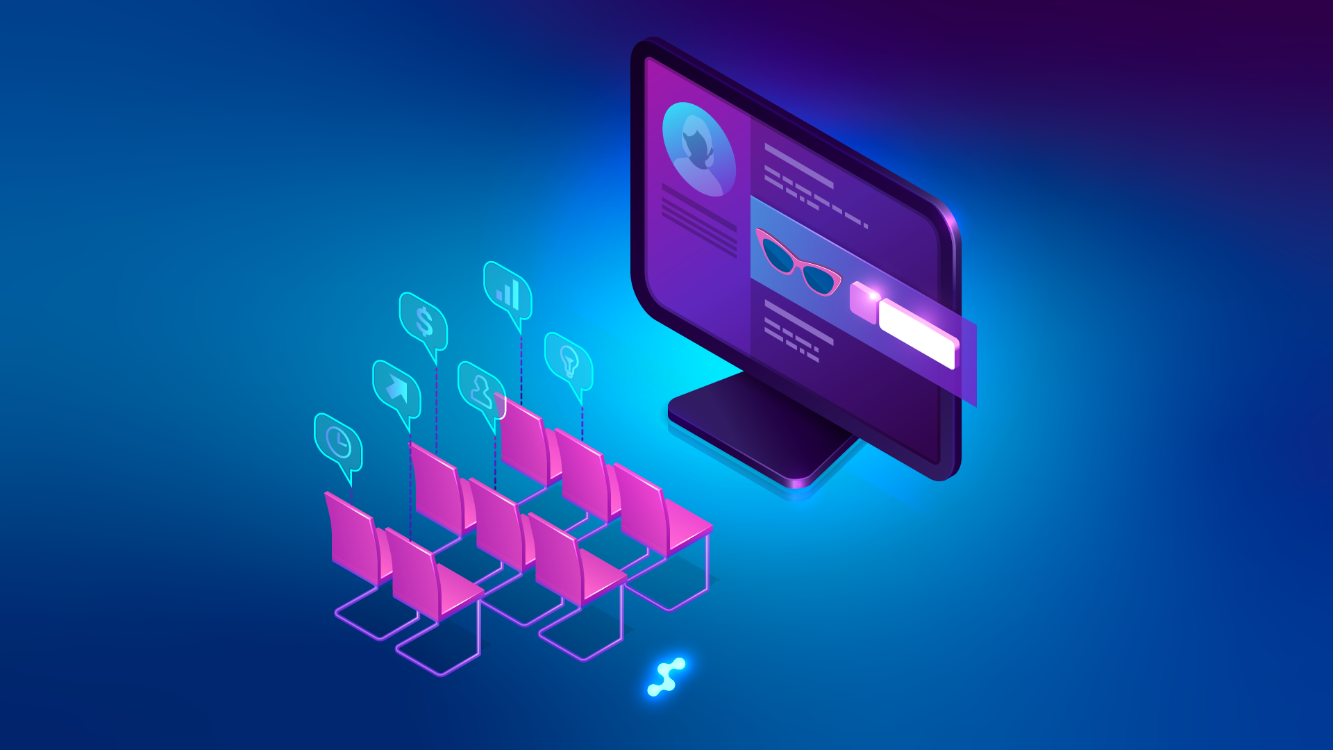 Isometric digital marketing seminar with audience and ecommerce interface screen