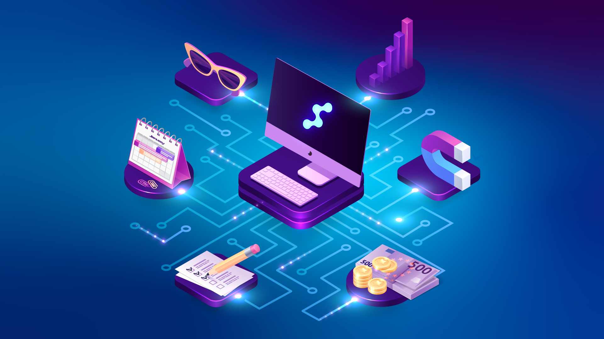 Salon software concept: computer, calendar, money, and analysis icons