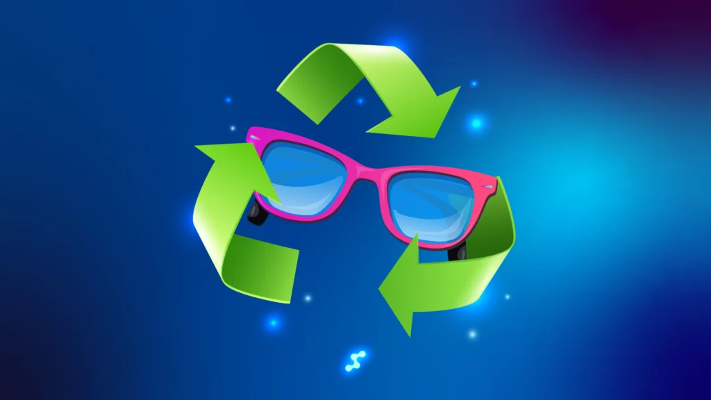 Symbole de recyclage avec lunettes roses sur fond bleu