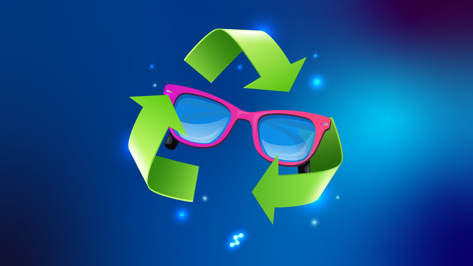Recycling symbol with pink eyeglasses on a blue background