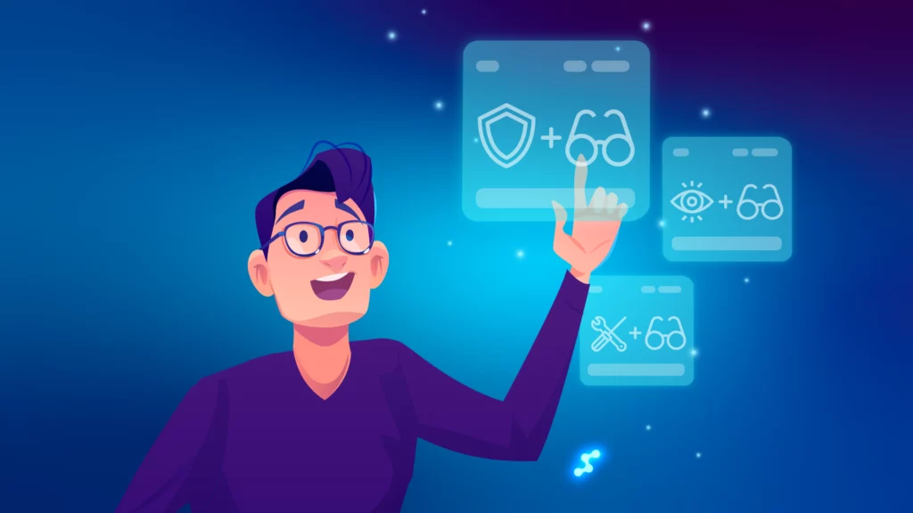 Person choosing glasses subscription options, blue digital interface
