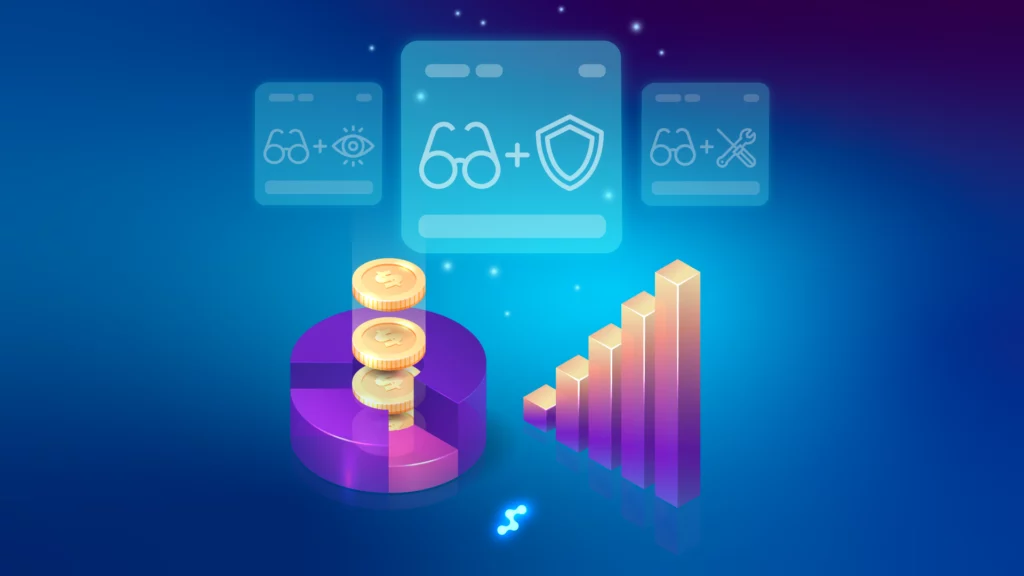Planes de gafas con monedas y gráfico, fondo digital azul