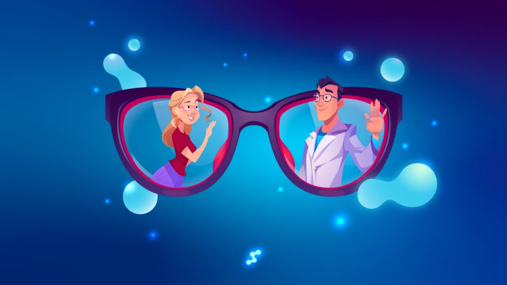 Glasses with two people inside, optical-themed digital illustration