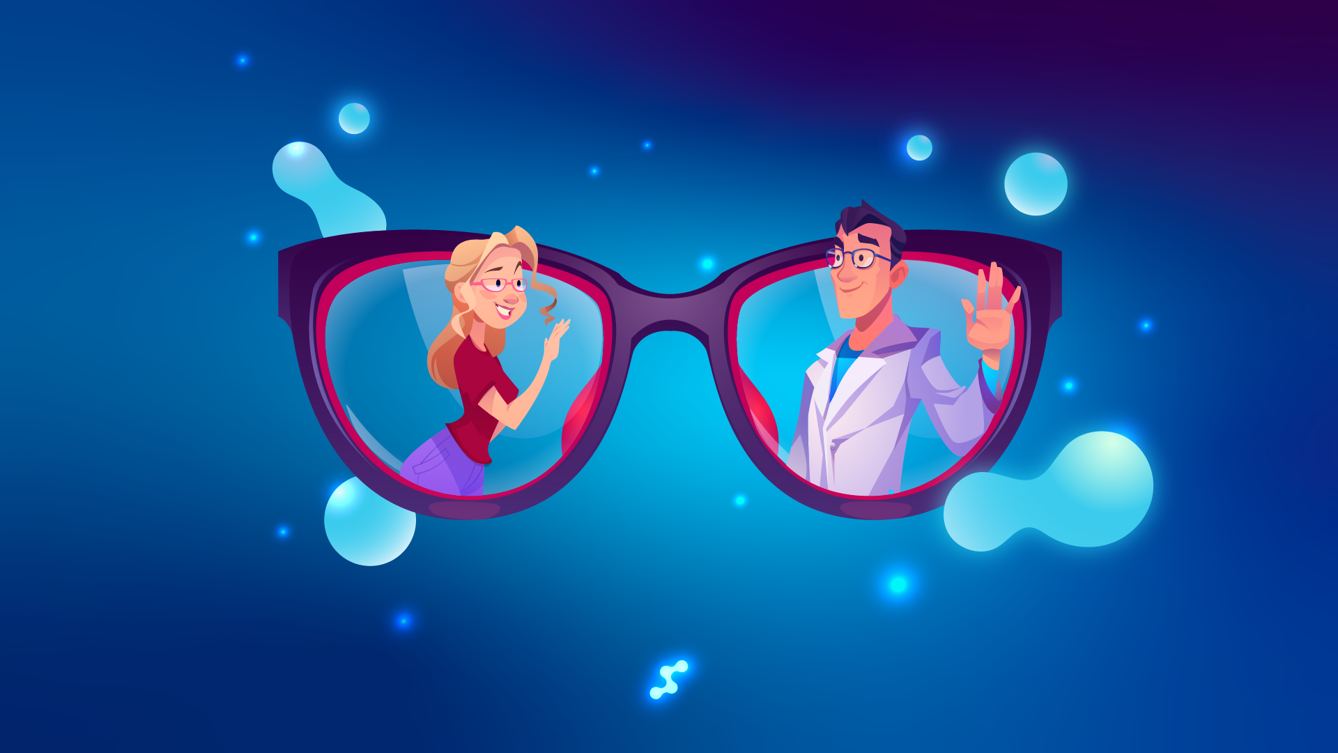 Glasses with two people inside, optical-themed digital illustration