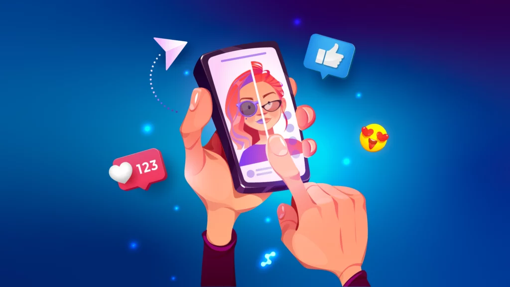 Interazione social su smartphone con like e emoji