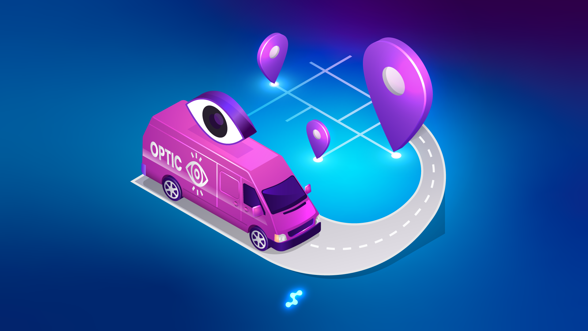 Female optician with mobile van, store, and app for optical services