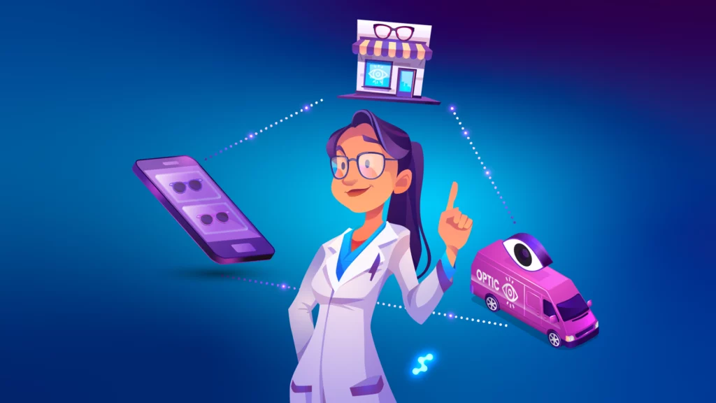 Opticienne avec camion, boutique et appli de services optiques