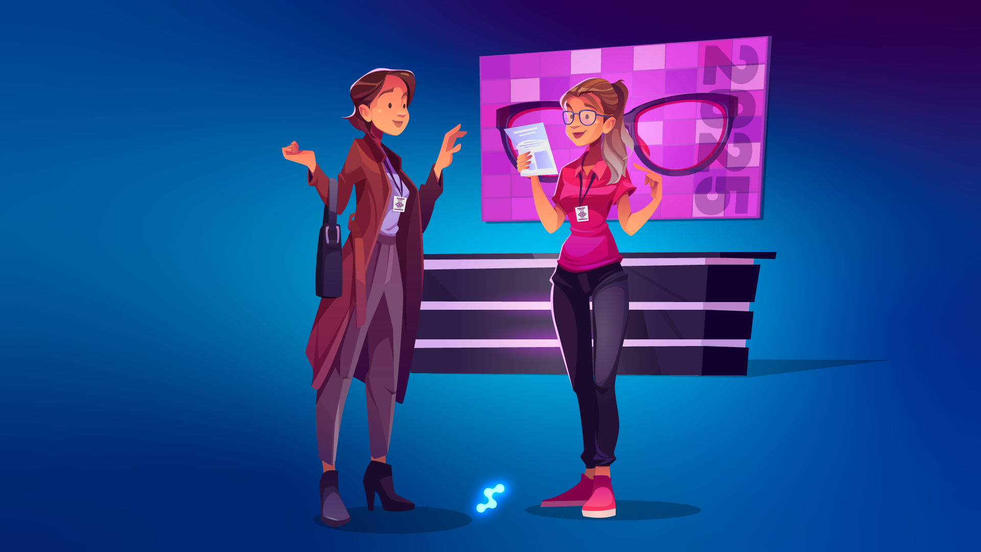 Optical trade show staff talking at eyewear industry event