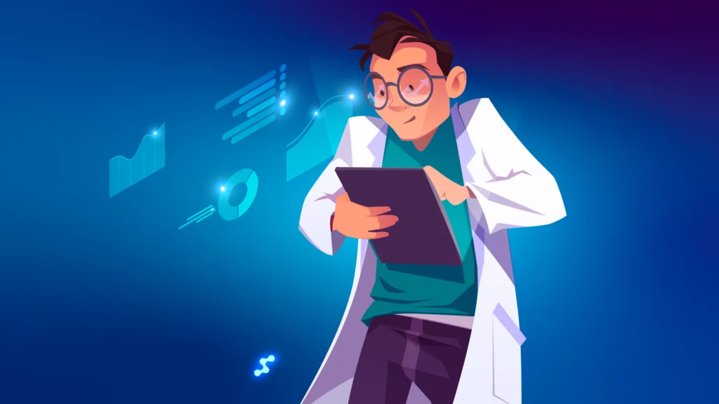 Ottico che analizza i dati delle prestazioni su un tablet con grafici analitici sovrapposti