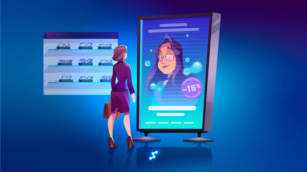 Señalización digital que muestra la prueba de gafas en AR y una promoción para el cliente en una óptica.