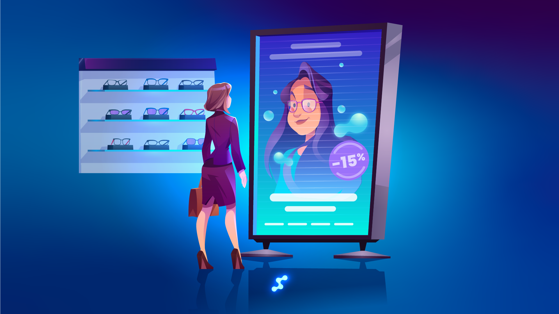 Woman viewing virtual mirror display with discounted eyeglass frames in optical store