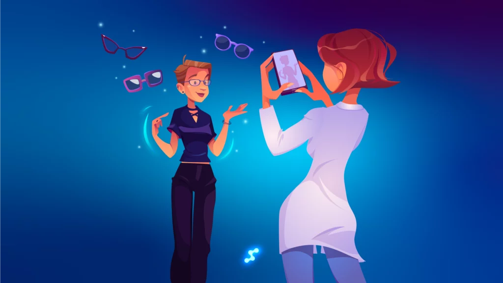 Cliente previsualizando diferentes estilos de gafas mediante realidad aumentada durante una consulta óptica.