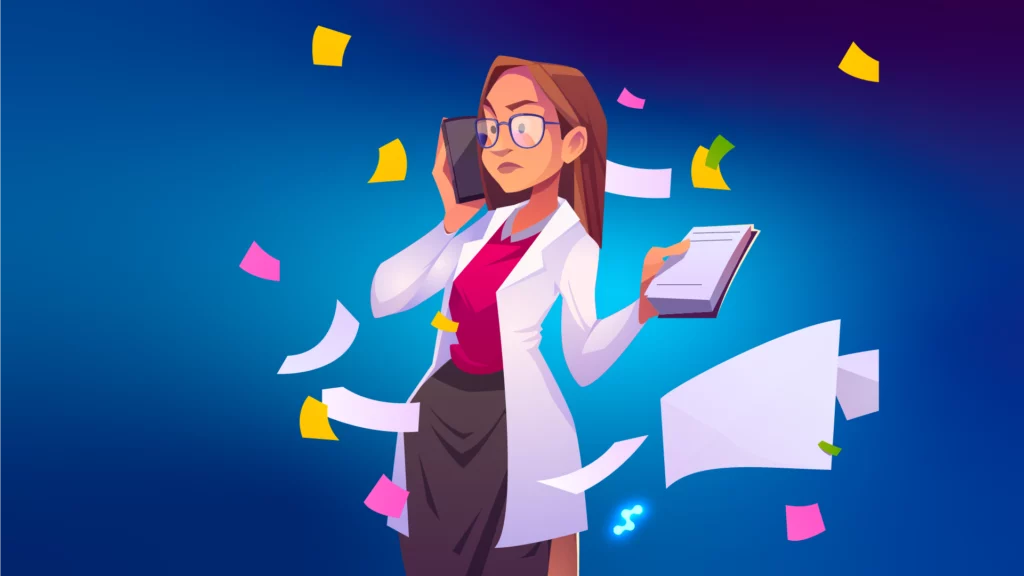 Personnel d’optique stressé entouré de papiers en désordre﻿