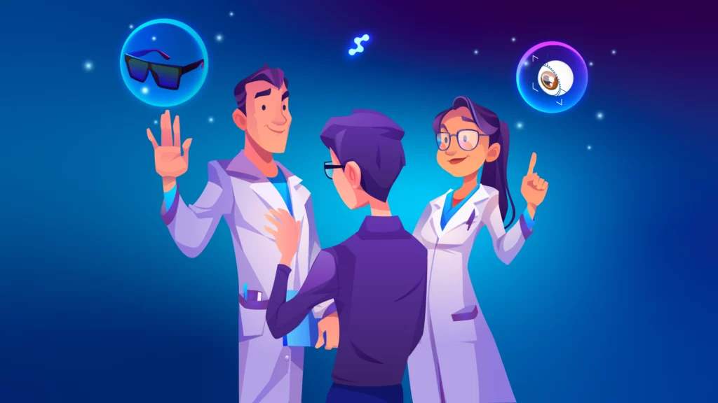 Optometrista tanácsot ad szemüveg vagy teljes szemvizsgálat