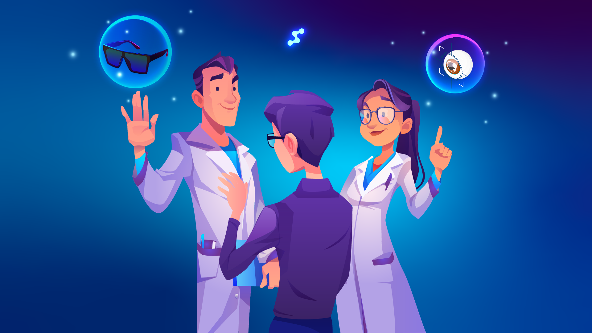 Optometrista consiglia il paziente su occhiali vs esame occhi