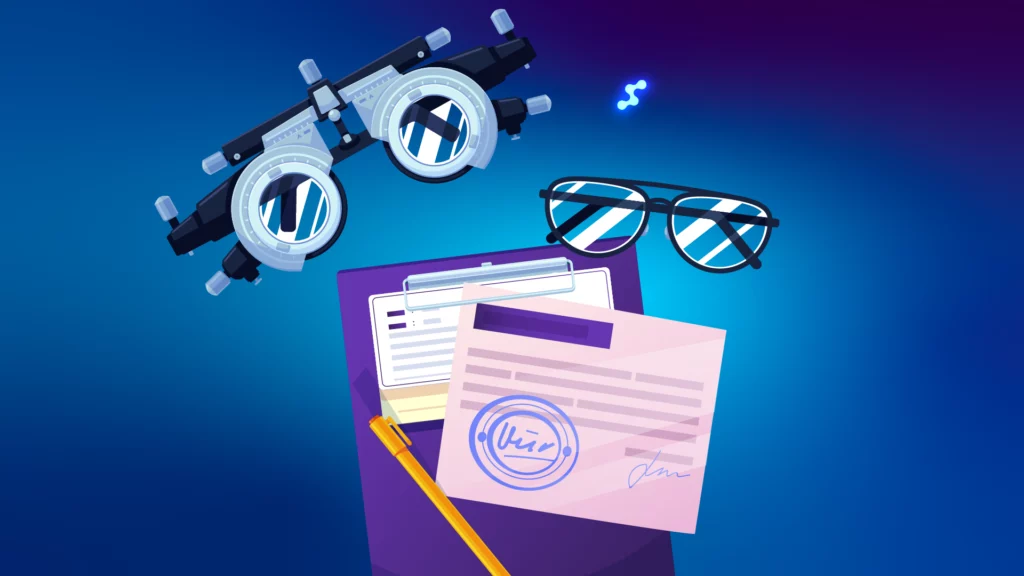 Optometrist prescription form with phoropter and eyeglasses