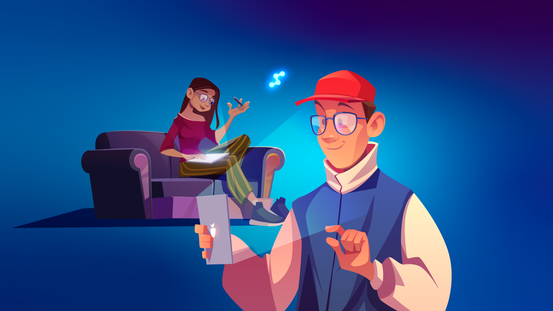 Illustration of users interacting with mobile and tablet apps, symbolizing digital transformation in eyewear industry