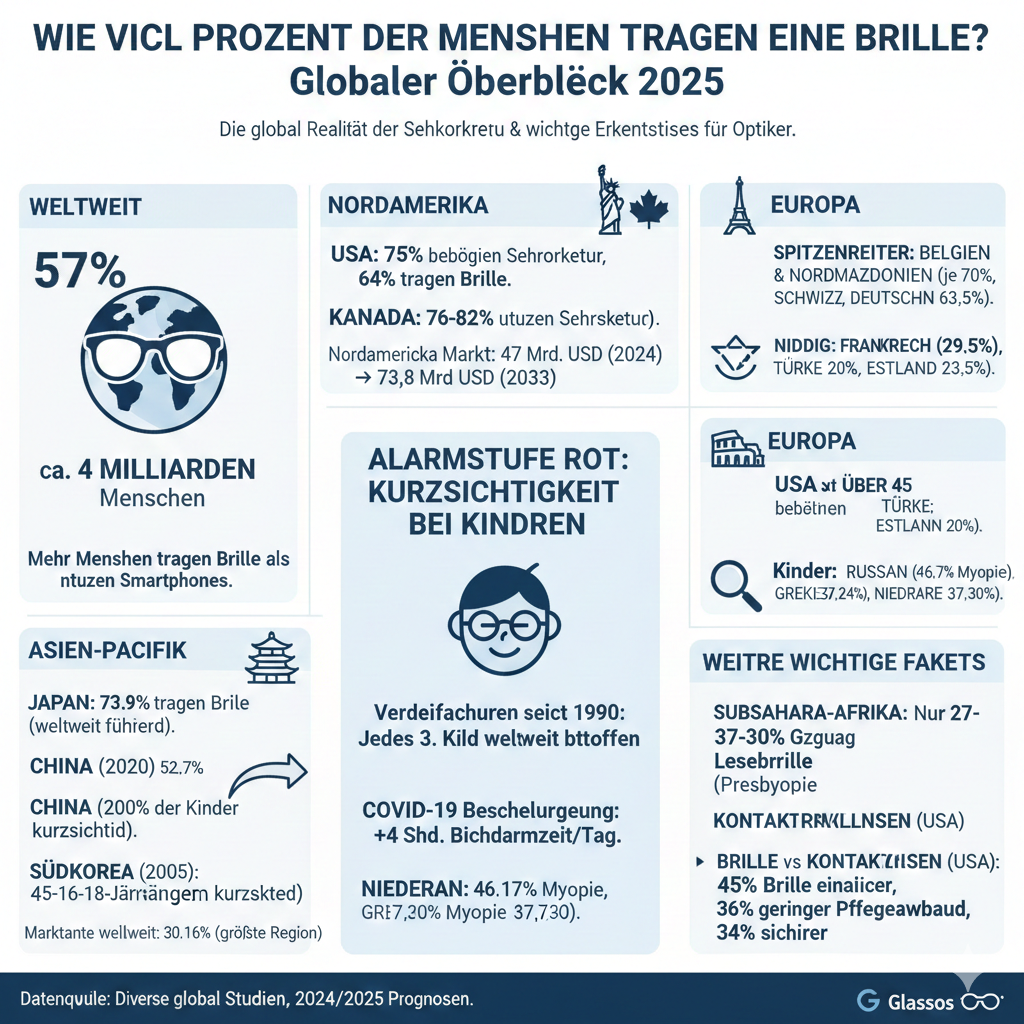 Infografik mit globalen Statistiken zum Brillentragen im Jahr 2025, inklusive USA, Japan und Asien-Pazifik
