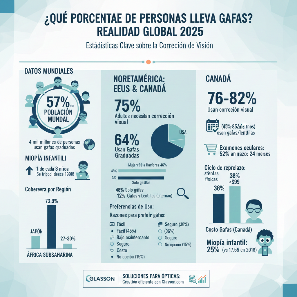 Infografía con estadísticas globales sobre el uso de gafas en 2025, incluyendo Estados Unidos, Japón y Asia-Pacífico
