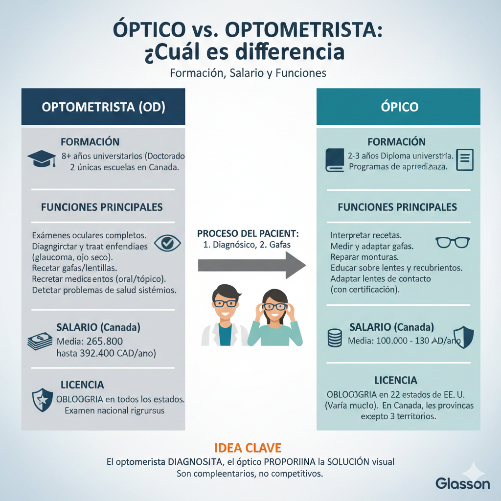 Optometrista vs óptico, funciones explicadas en infografía azul