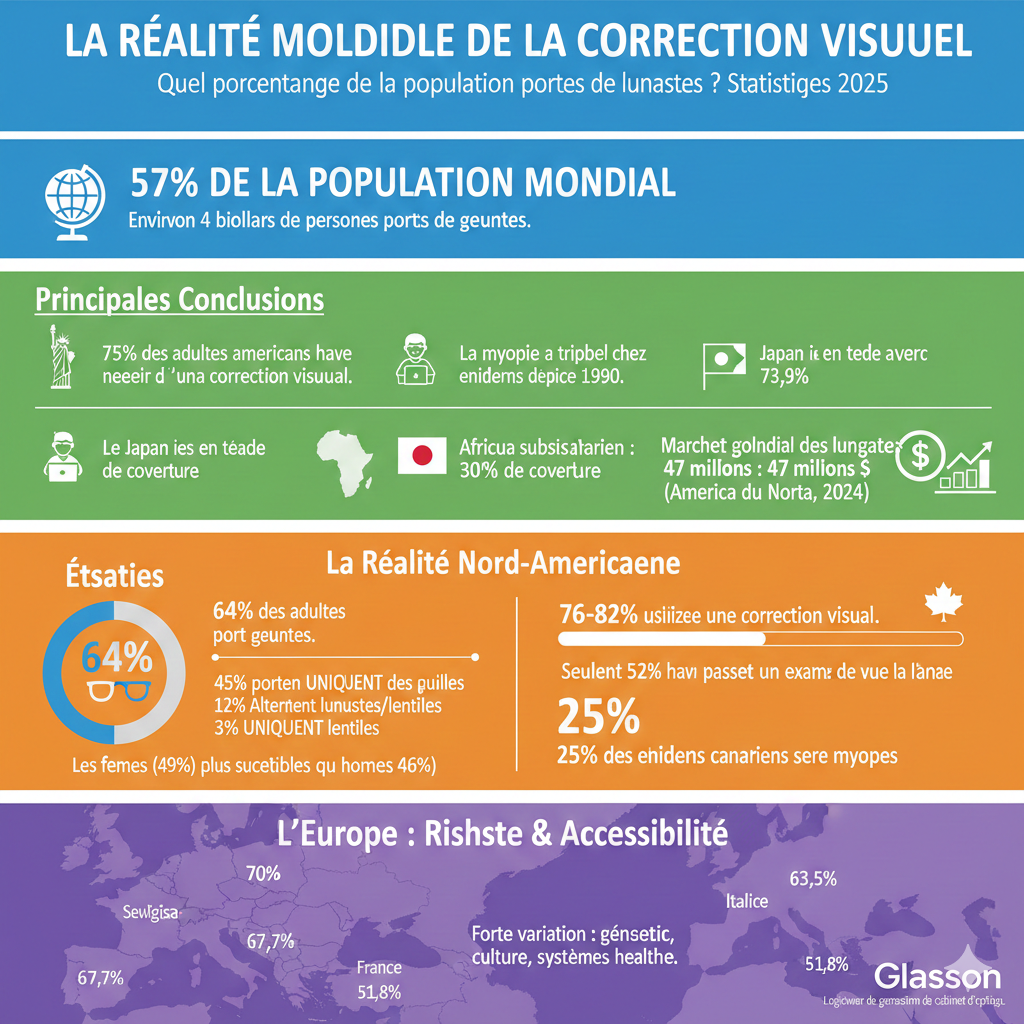 Infographie présentant des statistiques mondiales sur le port de lunettes en 2025, incluant les États-Unis, le Japon et la région Asie-Pacifique