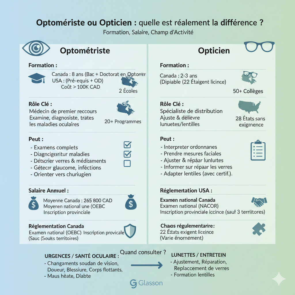 Optométriste vs opticien, rôles expliqués en infographie bleue