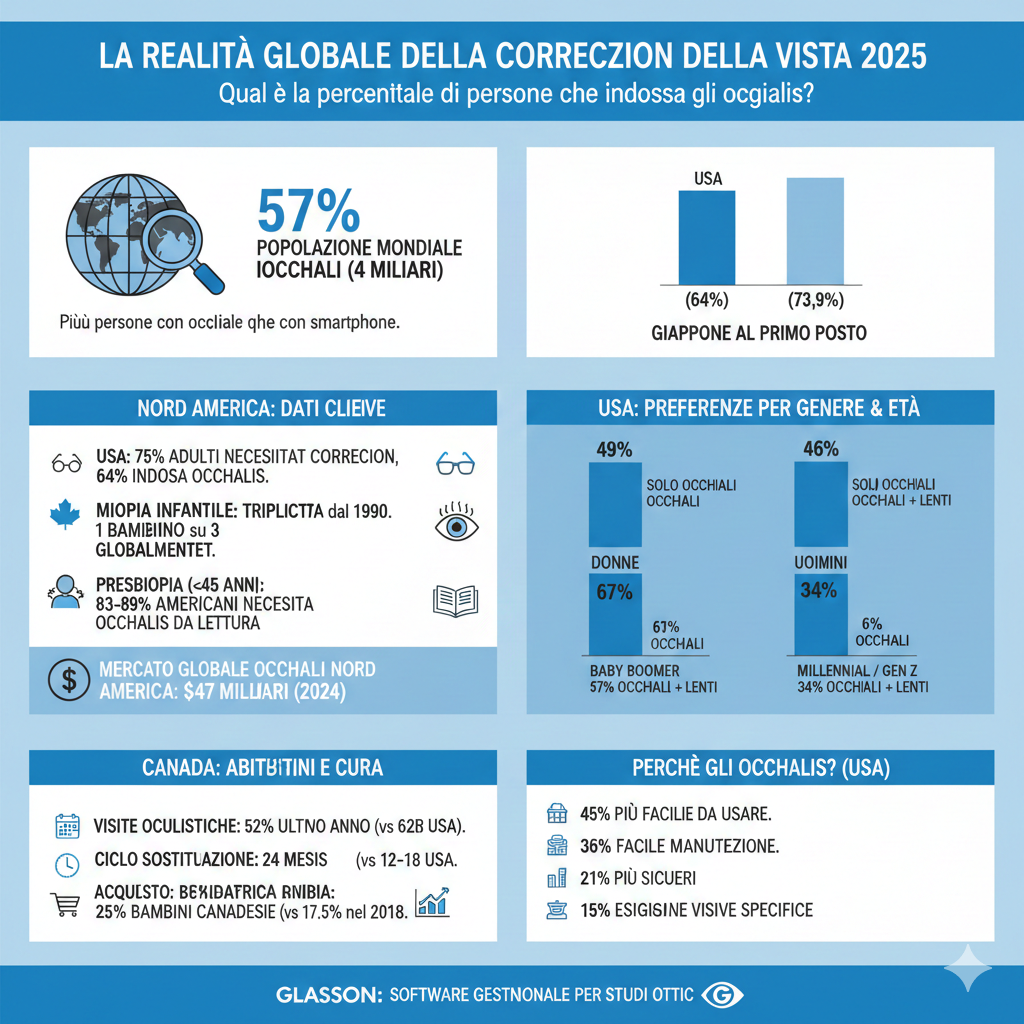 Infografica con statistiche globali sull’uso degli occhiali nel 2025, inclusi Stati Uniti, Giappone e Asia-Pacifico