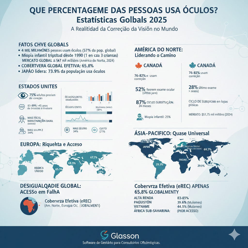 Infográfico com estatísticas globais sobre o uso de óculos em 2025, incluindo Estados Unidos, Japão e Ásia-Pacífico