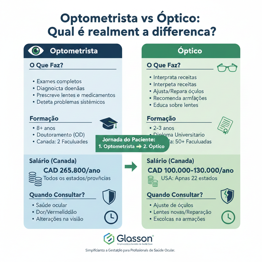 Optometrista vs óptico, funções em destaque na infografia azul
